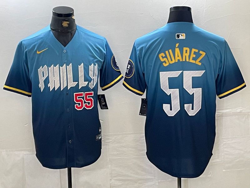 Men Philadelphia Phillies #55 Suarez Blue City Edition Nike 2024 MLB Jersey style 3